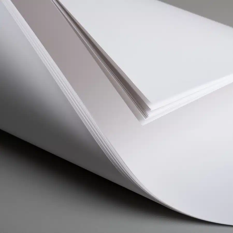Curved stack of white uncoated paper with soft shadows and texture visible